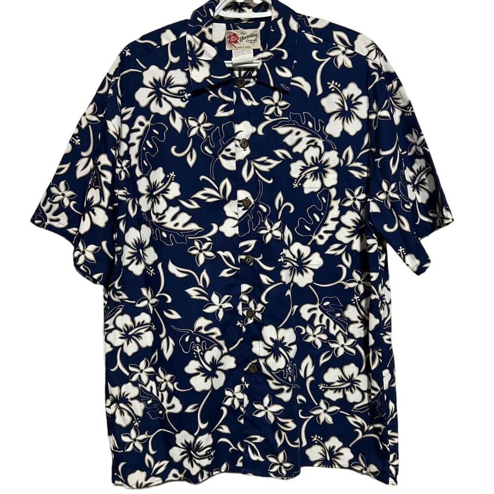 Hilo Hattie Men's The Hawaiian Original Blue White Floral Short Sleeve Shirt L